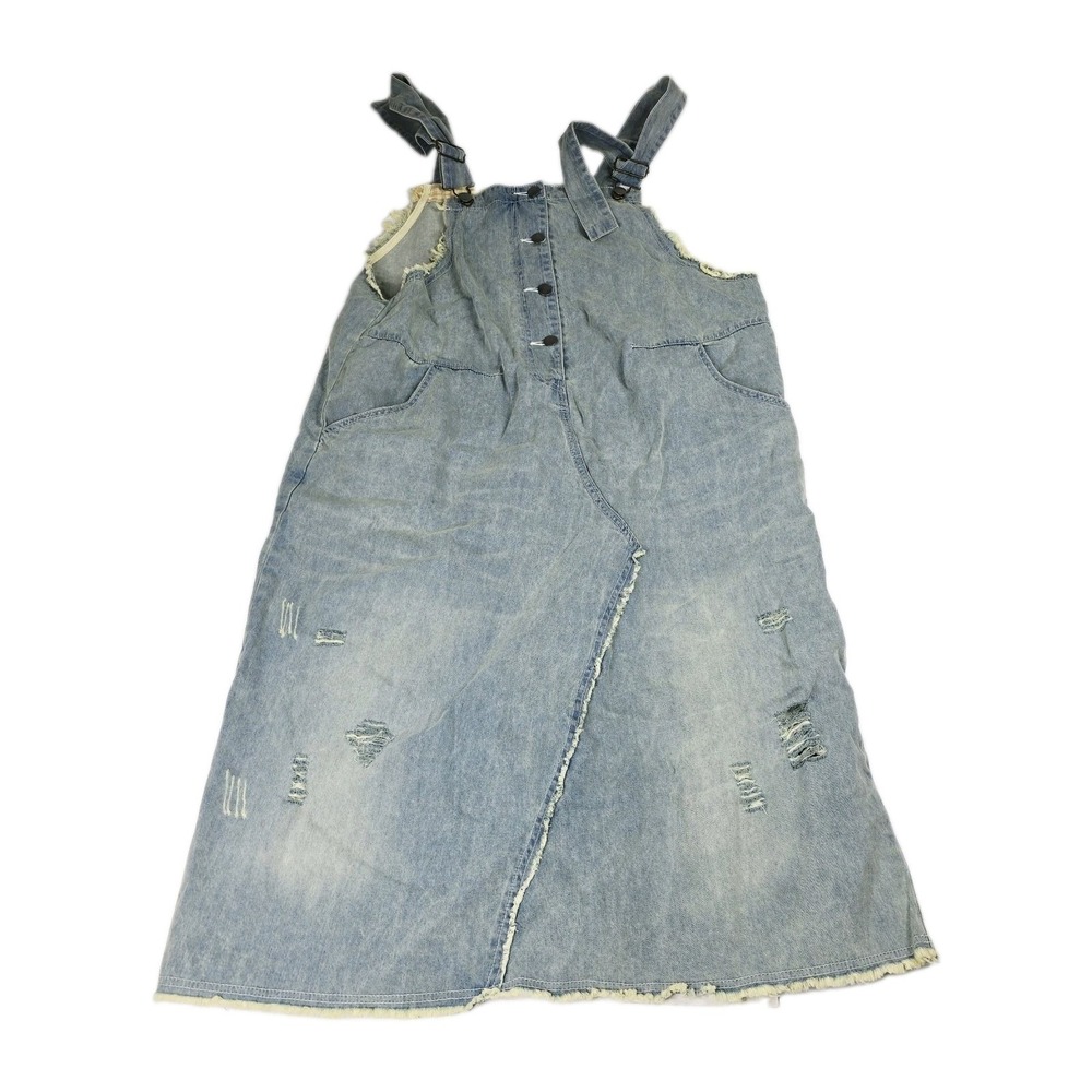 Fehrnvi Denim Overall Dress Womens XL Blue Distressed Raw Hem Pinafore Jumper